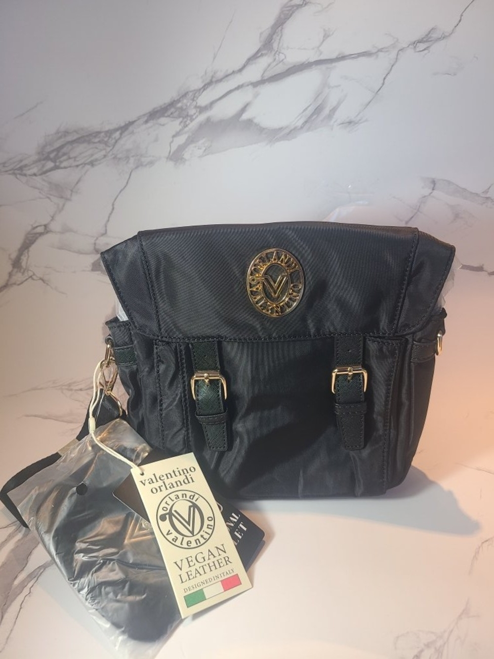 Valentino Orlandi Black Nylon Small Crossbody Bag with Gold-Tone Emblem